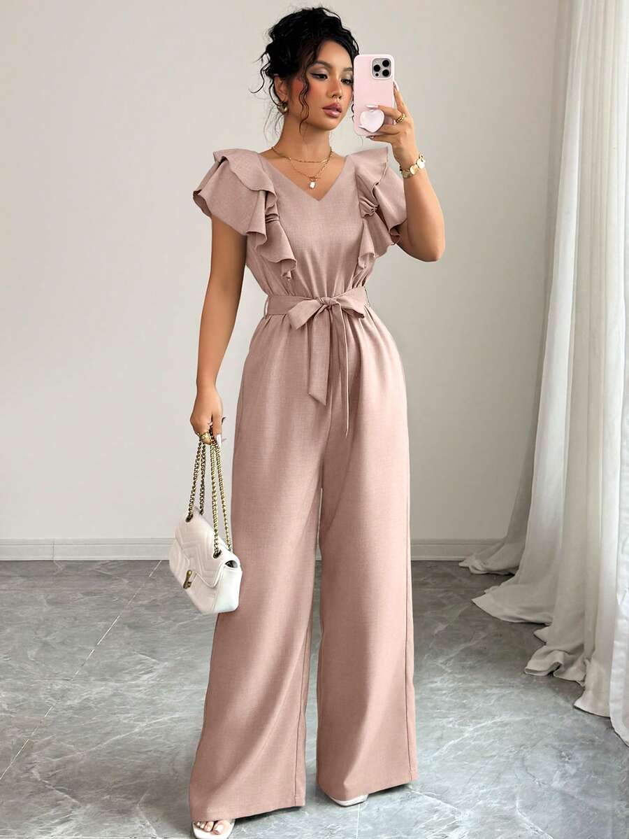 Elenzga 女士休闲优雅V领荷叶袖连体裤，适合春、夏、秋季穿着 - 粉色 - 查看 1