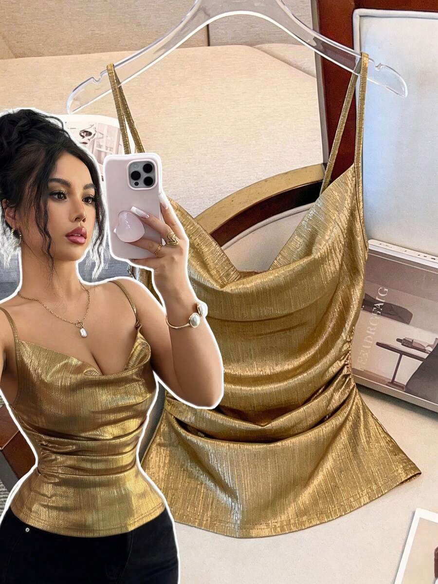 Elenzga New Shiny Gold Pleated Draped Neck Camisole, Versatile For Commute, Party, Vacation - Gold - View 1