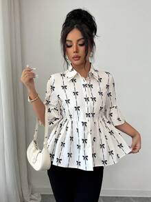 Elenzga Women's Elegant Bowknot Digital Print Ruffle Hem & Cuff Button Down Shirt, Spring/Summer - Apricot - View 3