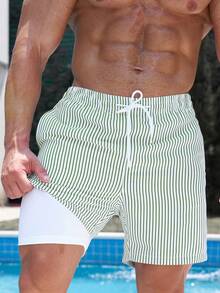 Zalmeno Men's Summer Vacation Striped Drawstring Waist Beach Shorts - Multicolor - View 1