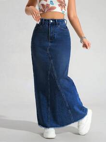 SHEIN ICON Plus Size Women Solid Color Washed Denim Mini Skirt, Autumn/Winter - Dark Wash - View 4