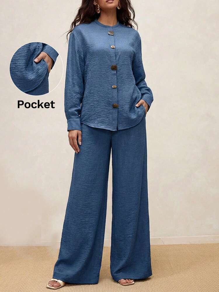 SHEIN Maija 2pcs Oversized Sleepwear Set - Long Sleeve Shirt And Pants, Summer Outfits, Summer Clothes , Summer Holiday Outfits, Spring Clothing, Valentine Outfits For Women, Beach Pants, Beach Set , Birthday Outfit For , Elegant Dress Women, Vacatio, Summer Holiday Outfits, Vacation Outfits For Women, Leopard Print Buttons, Oversized Pajama Style 2 Piece Blue Set Women Two Piece Set For Women Woman Blue Co-Ords Blue Clothes Women