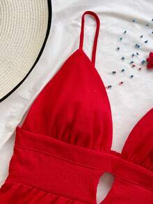 Soleia Women's Summer Vacation Solid Color Casual Jumpsuit - Red - View 7