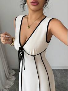Elenzga Chaleco elegante de mujer para ir al trabajo, con cuello en V, lazo y recorte negro ajustado, adecuado para bodas, festivales, salidas diarias, casual, vestido de primavera/verano - Multicolor - Ver 5