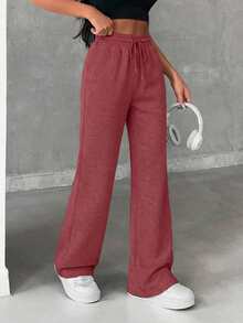 Women's Casual Sports Drawstring Waist Flared Sweatpants, Solid Color, Versatile For Daily Commute - Burgundy - View 3