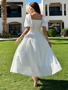 EURMUSE White Cotton Embroidery Puff Sleeve Long Dress – Square Neck, Elegant And Flowy Design - White - View 6