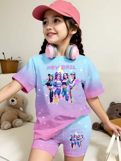 Spring And Summer Girls Casual Fashion Creative Personalized Refreshing Minimalist Starry Sky Background Virtual Girl Group Colorful Pentagram Star Dot Pattern Letter Slogan Print Casual Basic Short T-Shirt + Bike Shorts Set, Comfortable Cozy Summer And Fall Styles Suitable For Spring, Summer, Autumn Daily Sports Outfits