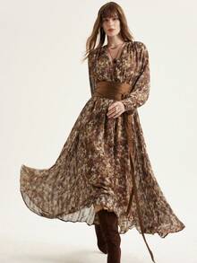 Aveloria Modichic European & American Style New Metallic Thread Print V-Neck Satin Belt Fashionable Versatile Commuting Flared Long Sleeve Dress - Multicolor - View 2