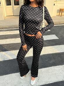 Aidyla 2pcs Black Background White Polka Dot Long Sleeve Fitted Casual Women Set - Black and White - View 4