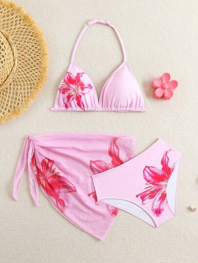 SHEIN Teen Girls 3 PiecesBikini Set, Black Floral Halter Triangle Top, Triangle Bottom, Sarong, Fashionable & Elegant Swimwear Suitable For Swimming, Vacation, Summer Pink Swimwear 3 Pieces Girls Floral Swim Suit Three Pieces Swimwear Set Girls Beach Sets Pink Flower Bikini Pink Floral Swimwear Girls Three Pieces Swimwear Kid Flower Bikini Swimwear Girls Set Three Piece Swimsuit Set Pink Swimsuit 3 Piece