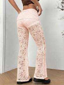 SHEIN EZwear 女士浅粉色蕾丝喇叭裤，可折叠腰带，春夏款 - 淺粉色 - 查看 2