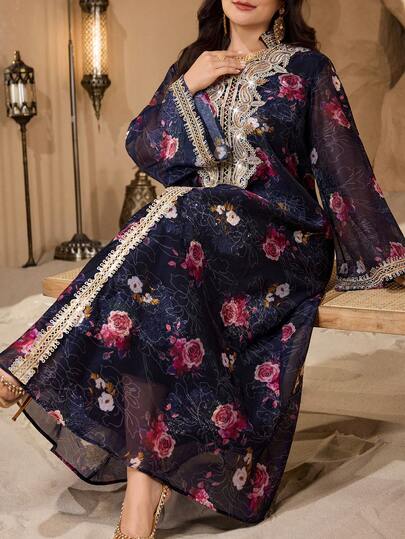 Al Najma 随机花卉贴花装饰饰边丝带，奢华优雅传统宽松长袖加大码女士土耳其长袍