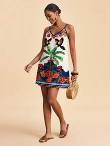 Travachic Casual Vacation Style Tropical Rainforest Geometric Placement Retro Print Colorful Parrot & Hibiscus Tropical Floral Women Casual Retro Printed Mini Dress, Suitable For Spring/Summer - Multicolor - View 3