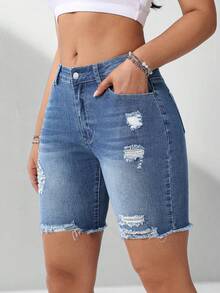 Flexra Women's Pocket Distressed Frayed Hem Skinny Casual Denim Shorts - Medium Wash - View 6