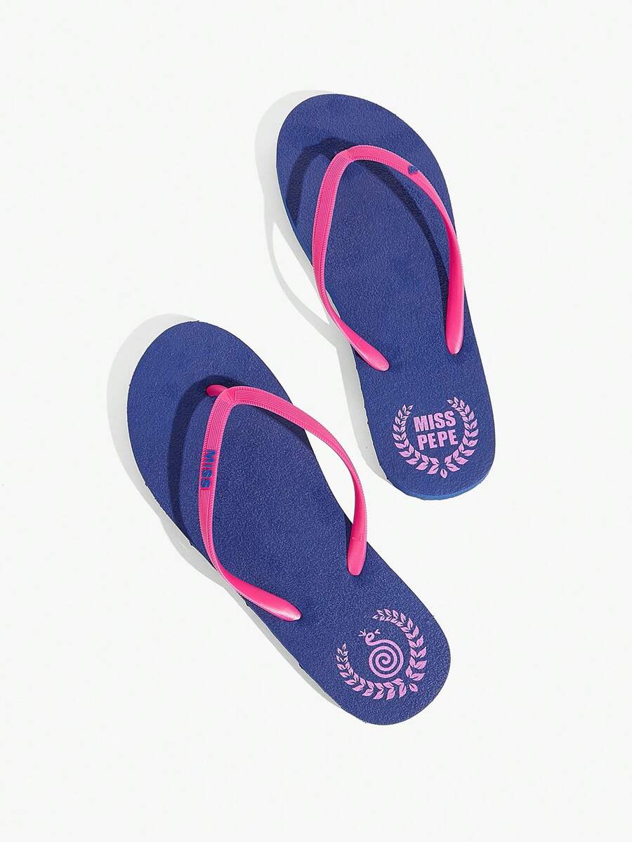 Grefit Women's Letter Print Casual Daily Vacation Beach Flat Flip Flops - Blue - View 1