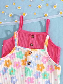 Young Girls Comfy Back To School Home Floral Jumpsuit /Set - Hot Pink - View 3