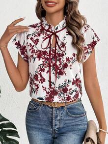 SHEIN Clasi 女士碎花荷叶边系带衬衫 - 酒紅色 - 查看 3