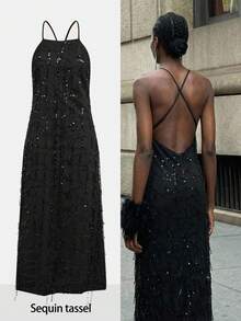 Maija Christmas Party Season Halter Tassel Sequin Women's Dress, Autumn Dress, Halloween Costumes , Nightmare Before Christmas, New Year Dress,New Year Look, Party Dresses, Long Party Dresses, Party Outfit,Wedding Guest Dress, Fall Wedding Guest Dress, Graduation Dress, Prom Dresses For Women , Luxury Evening Dresses For Weddings, Glitter Black Dress,Backless, Loose-Fitting, Affordable Luxury Party - Black - View 3