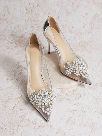 Enchnt Women's Handmade Faux Pearl Flower Decorated Transparent High Heel Pointed Toe Fashion Silver & Champagne Color Spring & Autumn Pumps Valentines