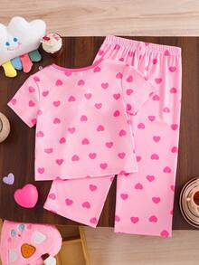 SHEIN Set de 2 piezas de pijama con camiseta de cuello redondo y pantalones con estampado de animales lindos para niña - Blanco y Negro - Ver 2