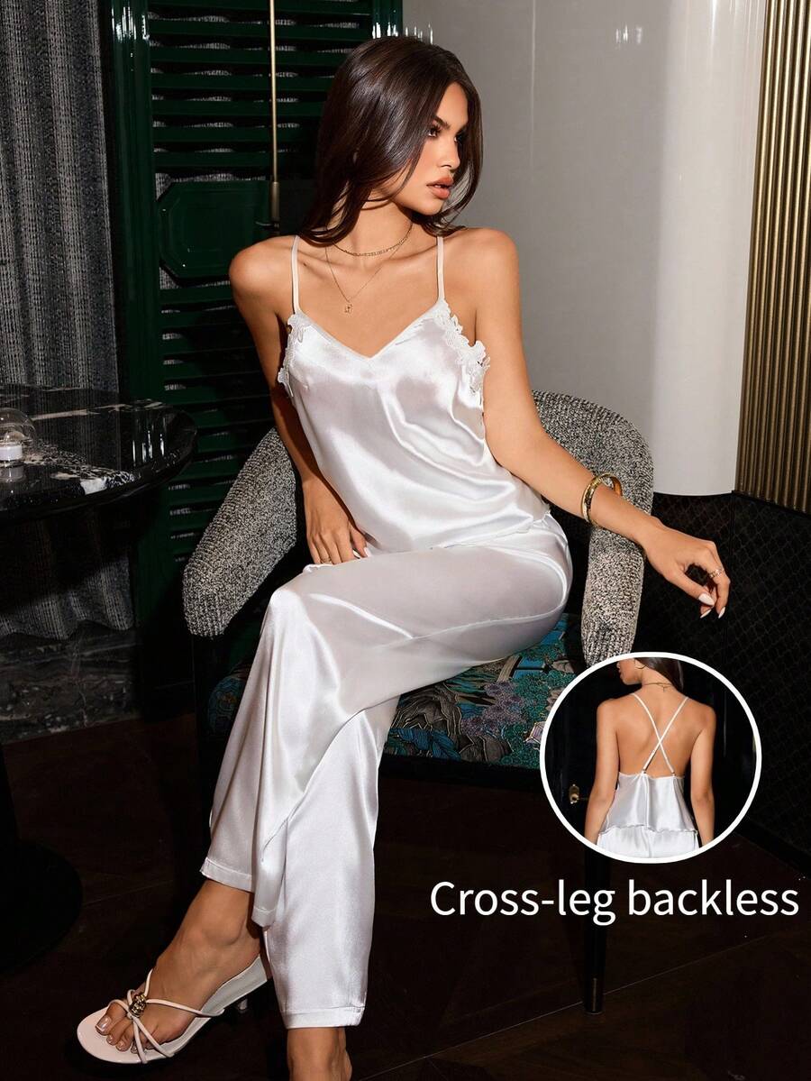 SHEIN Water-Soluble 3D Floral Lace Splice Faux Silk Camisole And Long Pajama Pants Set - White - View 1