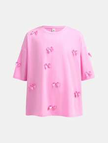 Firerie Kids Bộ 2 món cho bé gái tuổi teen, kiểu dáng thường ngày, dễ thương, có nơ trang trí, cổ tròn, dáng rộng, gồm áo thun và quần ống loe màu hồng. - Hồng - Xem 5