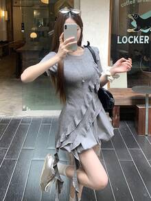 FRIFUL 2pcs Women's T-Shirt And Shorts Set, Asymmetrical Ruffle Hem Tight Fit Crop Top And Ruched Waist Shorts Outfit Lounge Sets For Women - Grey - View 6