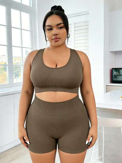 Rhythm Era 2pcs/Set Plus Size Women Deep Coffee Ribbed Knit Seamless Stretchy Sexy Racerback Tank Top And Shorts Yoga Golf Outdoor Casual Sports Set, New