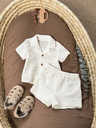 SHEIN Newborn Baby Boy Casual Cute Resort Minimalist Apricot Short Sleeve Shirt & Shorts Set