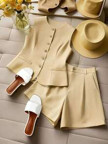SHEIN Clasi Conjunto de 2 piezas de talla grande con chaleco con botones delanteros y pantalones cortos, de estilo francés romántico retro y elegante para uso casual y de oficina - Amarillo - Ver 8