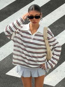 Muchica 女士条纹针织 Polo 领落肩长袖休闲 T 恤 - 彩色 - 查看 4