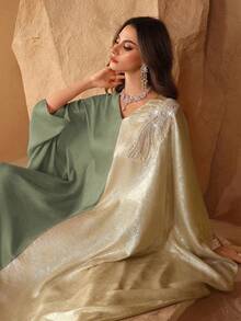 Al Najma Elegant Dubai/Turkish Style Batwing Sleeve Patchwork Jacquard Robe, Slimming - Green - View 7