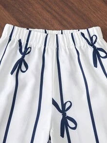 Elladie kids Girls (Small) Cute Ruffle Hem Asymmetrical Design & Bow Print Casual Pants Set - Royal Blue - View 8