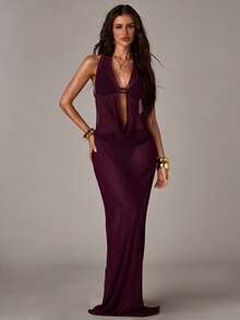SHEIN BAE Elegant Deep V-Neck Slim Fit Backless Maxi Dress,2026 Summer New Arrivals: Women's Purple Tulle Cover-Up Dress, Sexy Party/Music Festival Women's Swimwear, Women's Beach Vacation Wear, Elegant Women's Beach Swimwear, Vacation Wear, Women's Swimwear, Beach Party, Pool Party - Purple - View 1