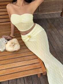 Sunnyshic Women's Summer Vacation Textured Bandeau Top And Skirt Dress Set - Light Yellow - View 2