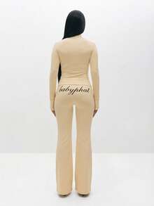 BABYPHAT 女士套穿式喇叭裤，印花弹力高腰喇叭裤，休闲街头风 - 奶油色 - 查看 5