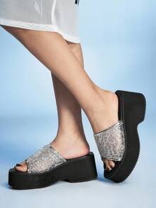 Sugerpunk Women's Silver Hollow-Out Fashion Platform Wedge Slide Sandals Valentine's Day - Silver - View 3