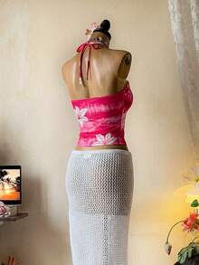 INAWLY 印花修身无袖荷叶边露脐上衣，时尚夏季度假风 - 粉色 - 查看 2