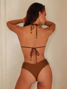 Swim Chiccia Sexigt bikiniset med pärlor och halterneck för kvinnor, glansigt tyg, flätat repdesign, lämpligt för strandsemester - Brun - Visa 2