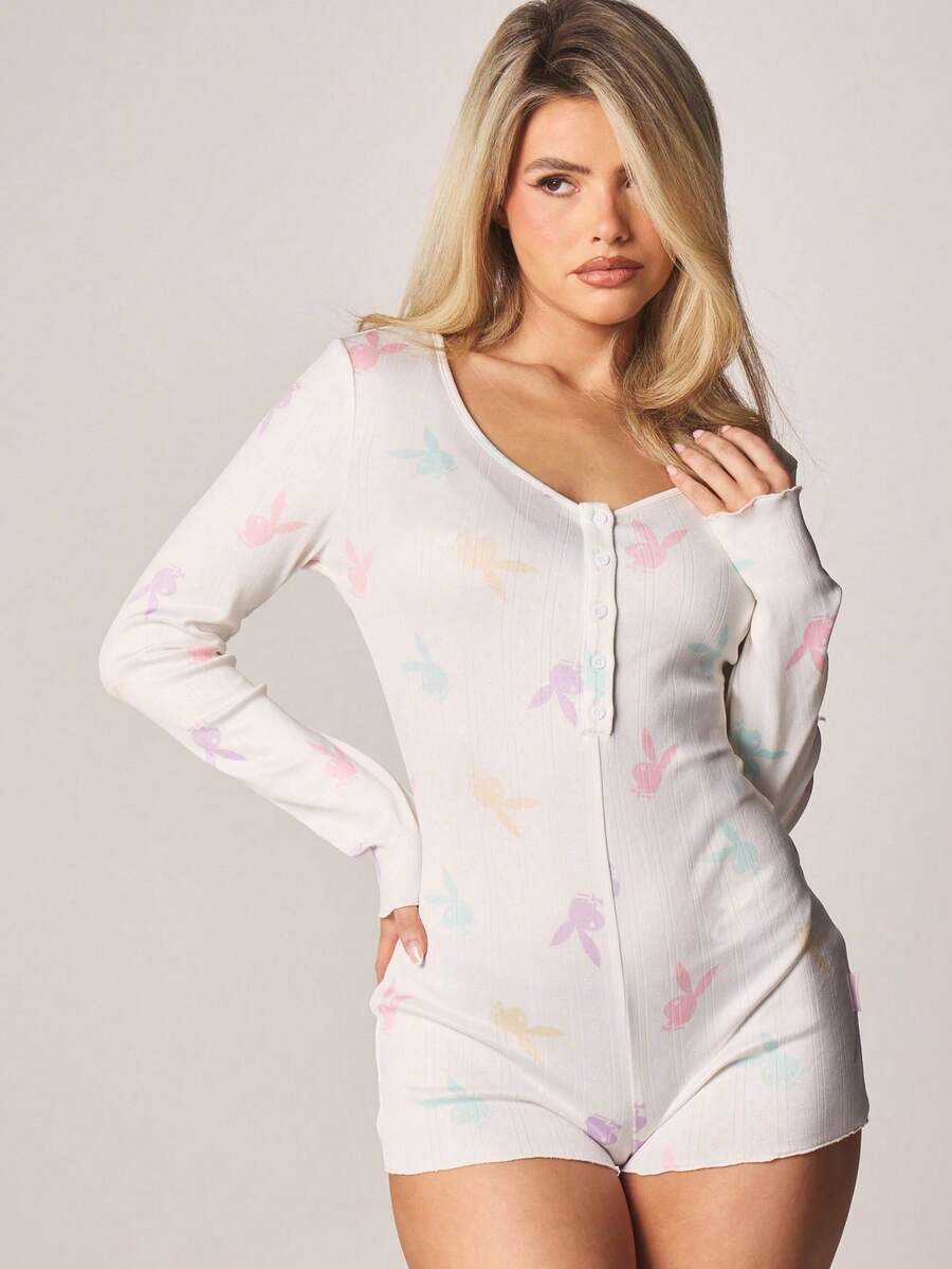 Missguided x Playboy Butterfly Print Short Sleeve Buttoned Romper With Ribbed Texture Pastel Summer Loungewear One Piece - Multicolor - View 1
