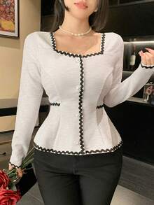 DAZY Abito da donna per primavera/estate, nero con blocchi di colore a contrasto, collo quadrato, adatto per feste, matrimoni, banchetti, balli; Camicetta bianca elegante e alla moda con maniche a volant, adatta per l'ufficio; Giacca regolare - Beige - Visualizzare 4