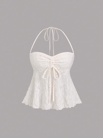Sweetra Solid Color Spaghetti Strap Spaghetti Strap Embroidered Drawstring Summer Camisole