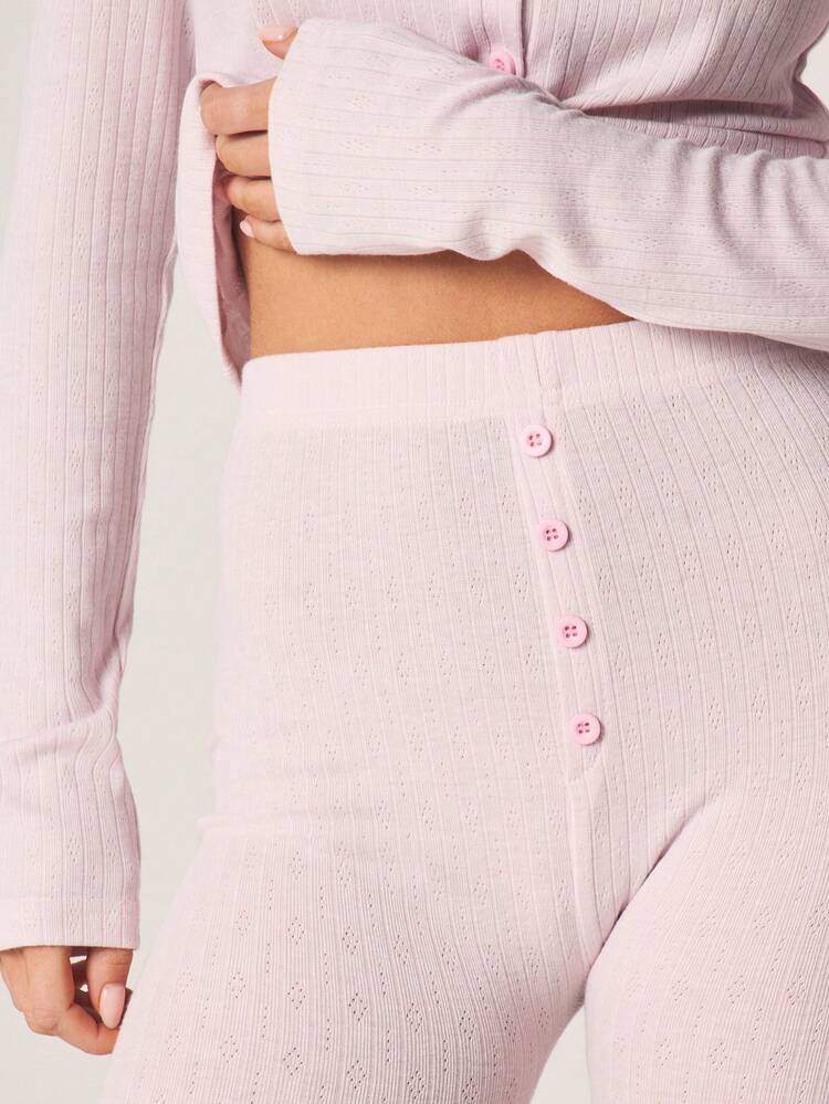 MISSGUIDED Ribbed Knit Button Front Cardigan Top And Leggings Lounge Set Pointelle Henley Style Cozy Pajama Set