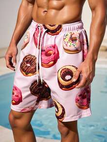Manfinity Swimmode 男士甜甜圈印花斜插口袋抽绳腰休闲度假沙滩短裤 - 彩色 - 查看 3