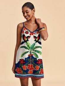 Travachic Casual Vacation Style Tropical Rainforest Geometric Placement Retro Print Colorful Parrot & Hibiscus Tropical Floral Women Casual Retro Printed Mini Dress, Suitable For Spring/Summer - Multicolor - View 5