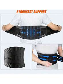 男女通用腰部支撑带，6根支撑条，防滑，可调节，适用于工作和健身，腰部支撑带 - 黑色 - 查看 3