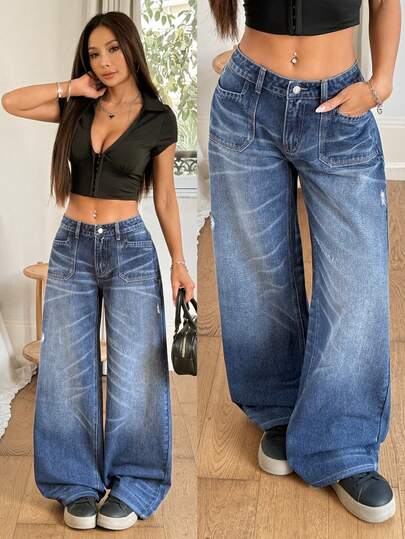 Rivivi 女士带口袋纽扣休闲百搭日常穿着阔腿牛仔裤