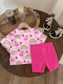 2件套女婴休闲可爱手绘火烈鸟、彩虹、西瓜图案T恤和打底裤套装，粉色，适合春夏穿着，日常穿着，度假，外出游玩 - 彩色 - 查看 3