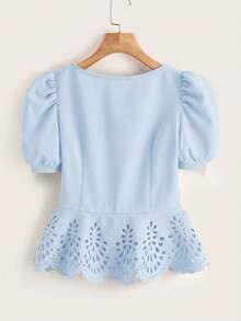 SHEIN Clasi 女士纽扣装饰方领休闲日常泡泡袖衬衫 - 藍色 - 查看 2