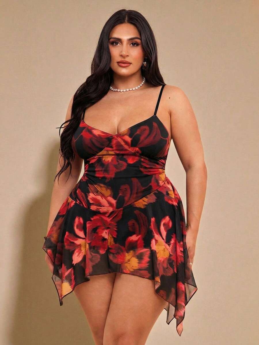 SHEIN BAE Đầm hai dây ngắn dáng thanh lịch màu tím lưới dành cho nữ cỡ lớn - Đỏ - Xem 1